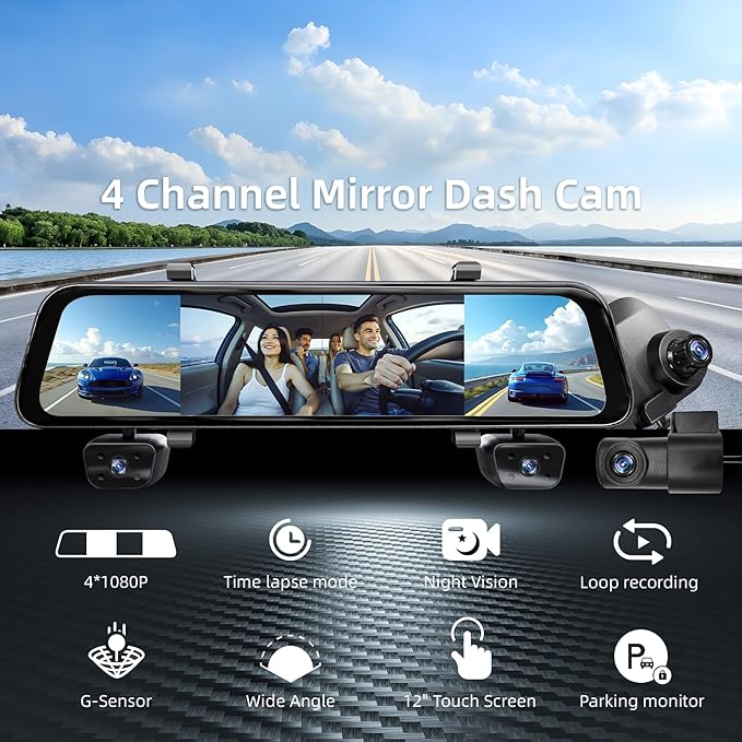 2026 Rearview Mirror Camera,4 Channel Mirror Dash Cam Front and Rear,Rear View Mirror Backup Camera for Cars & Trucks,12" Touch Screen,Built-in 5.8GHz WiFi,GPS,IR Night Vision,Free 64GB SD Card