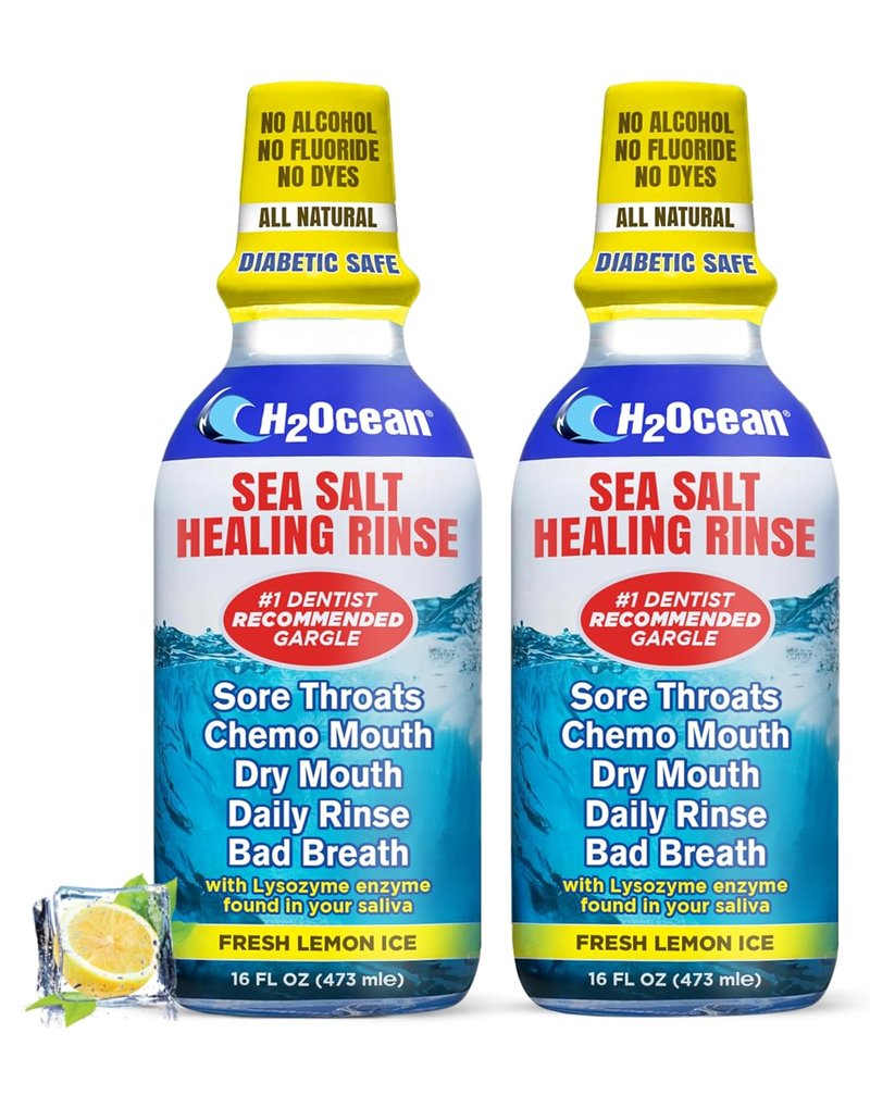 H2Ocean Natural Sea Salt Whitening Mouthwash - Alcohol & Fluoride-Free Oral Care for Tonsil Stones & Gum Health | Lemon Ice, 16 oz (Pack of 2)