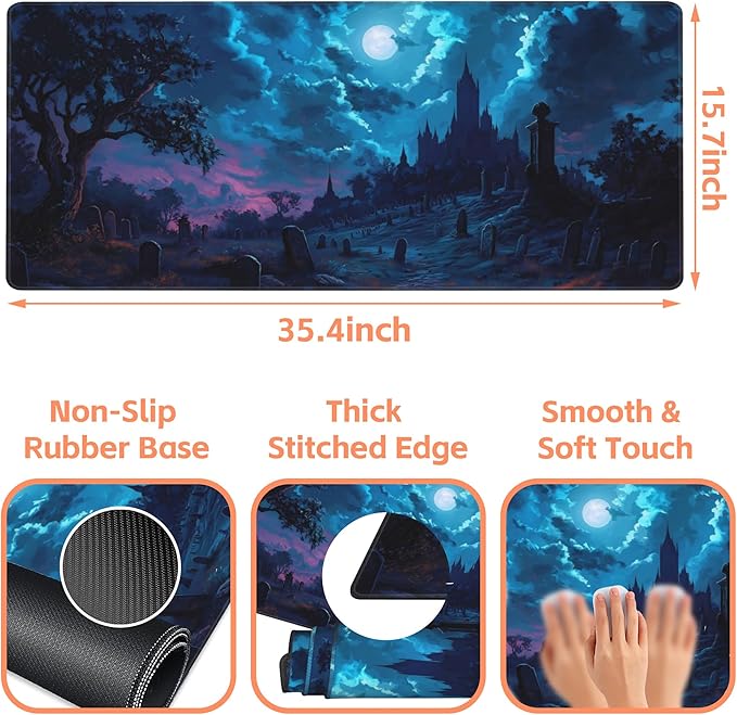 NIYLYNSYN Mouse Pad Large Gothic Graveyard Non-Slip Game Desk Mat with Stitched Edge Laptop Keyboard Desk Pad for Work Home Gaming (35.4 x 15.7 Inches)