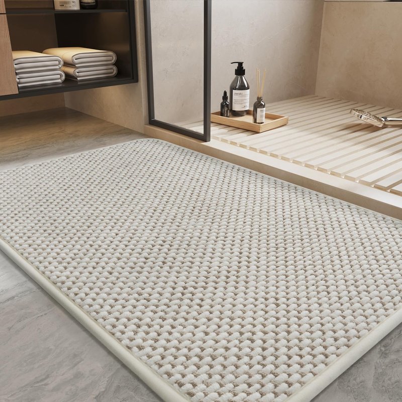 PADOOR-Bath Mat-Super Absorbent Chenille Bathroom Mats-Rubber Backed Bath Mats for Bathroom Non Slip, Easy Clean Bathroom Rugs Front of Bathtub,Shower Room,Sink-17×28, Beige&Cream