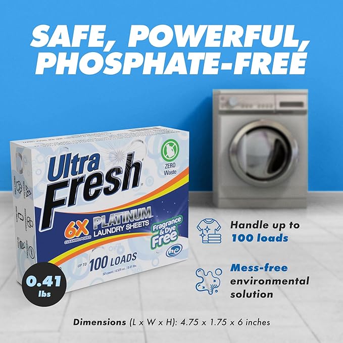 Ultra Fresh Platinum 2 Pack Laundry Soap Detergent Sheets, Ultra Concentrated, Stain Fighting, Fragrance & Dye Free, 200 Loads