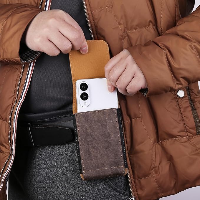 Bourisen Universal Phone Holster Phone Pouch Case Belt Clip Belt Loops Card Slot Faux Leather for Man iPhone 17/16/15pro max,16/15Plus,Samsung S25 24 S23 S22 Ultra (Brown&Yellow, XL(6.6"x3.4"x0.8"))