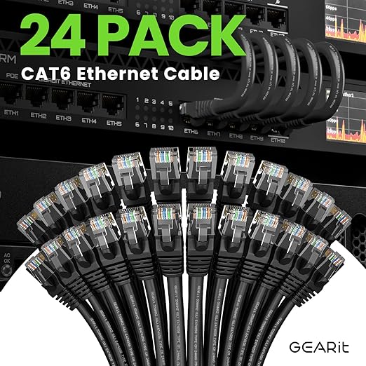 GEARit Cat 6 Ethernet Patch Cables 3 ft Black (Cat 6 Ethernet Cables 3 ft 24-Pack), CAT6 High Speed 24AWG 10Gbps RJ45 Snagless Gold-Plated, Ethernet Cable for Router, Switch, PC, PS5 Gaming, Server