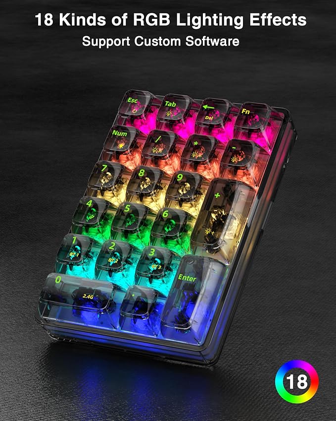 SOLAKAKA K21 RGB Backlit Tri-Mode Transparent Wireless Mechanical Number Pad Supports 3 BT/2.4GHz/Type C Wired, Hot Swappable 21 Keys with Transparent Keycaps Black