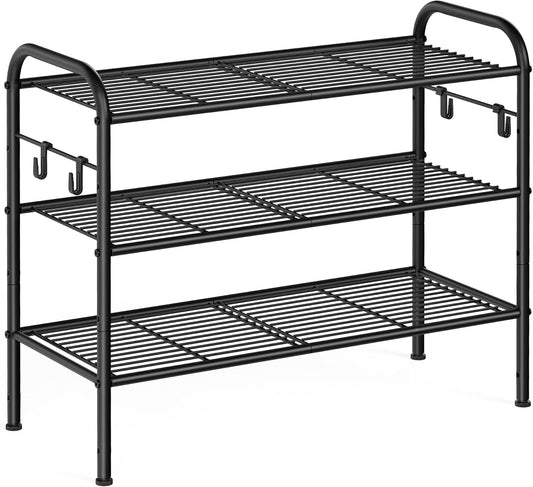 SONGMICS Shoe Rack - 3-Tier Metal Organizer with 4 Hooks | Holds 12 Pairs, Height-Adjustable, Ink Black