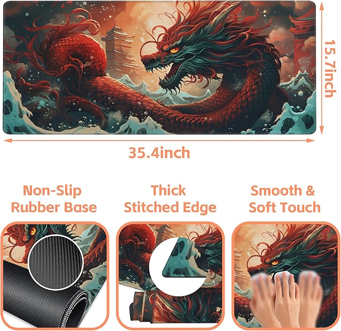 NIYLYNSYN Mouse Pad Large Chinese Traditional Dragon Non-Slip Gaming Desk Mat with Stitched Edge Laptop Keyboard Desk Pad for Work Home Gaming (35.4 x 15.7 Inches)