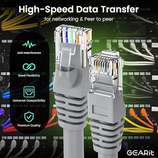 GEARit Cat 6 Patch Cables 1 ft Gray (5 Pack) Cat6 Patch Cables 1ft Gray/Ethernet Patch Cable, 10Gbps 550MHz 24AWG Pure Copper, Snagless, Gold Plated RJ45 for Router, Server, Router, PC