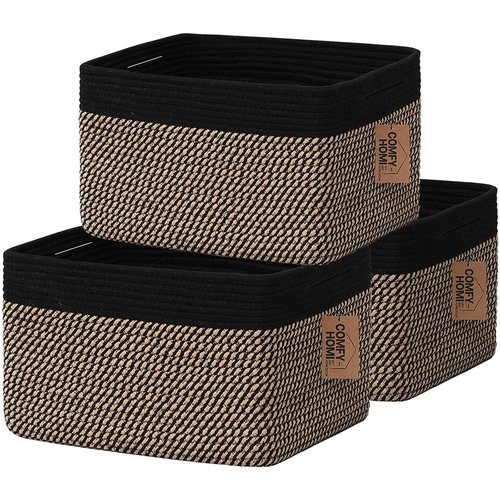 Comfy-Homi Cotton Rope Square Baskets - Versatile Storage Bins with Handles | 13.5" x 11" x 9.5" | Black/Jute
