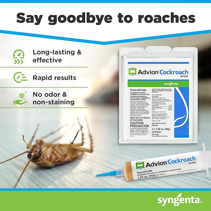 Advion Cockroach Gel Bait, 4 Tubes x 30-Grams, 1 Plunger and 2 Tips, Indoor and Outdoor Use, Roach Killer Gel for American, German and Other Major Cockroach Species (2 Pack)