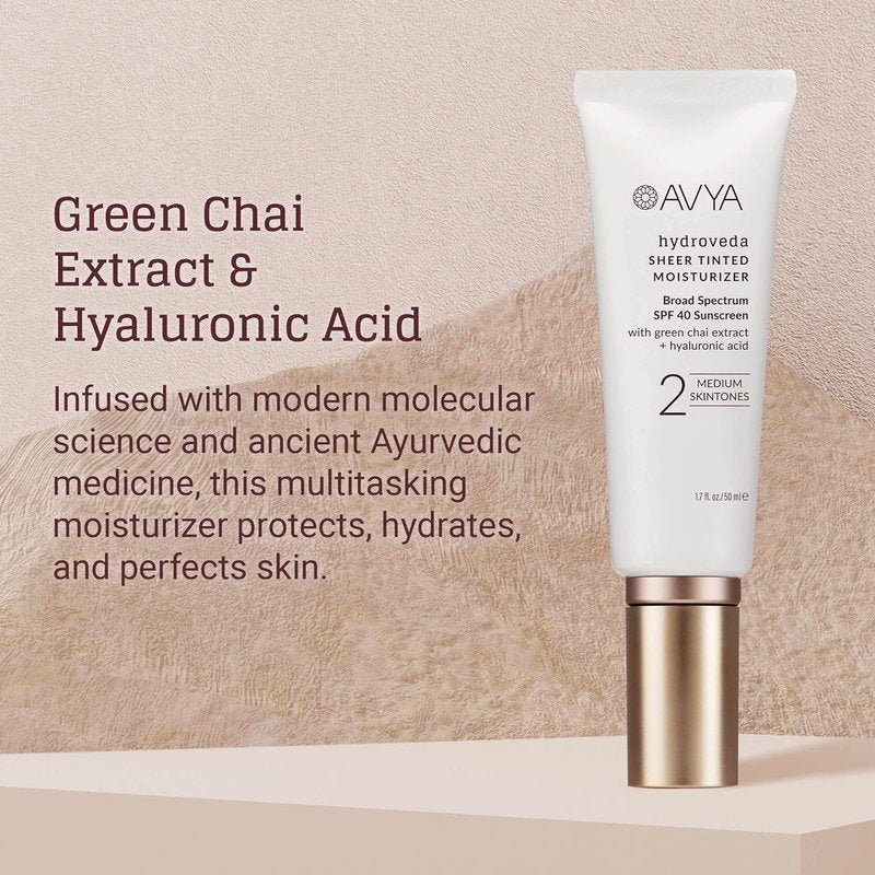 AVYA Sheer Tinted Moisturizer SPF 40 with Hyaluronic Acid - Ayurvedic Skincare for Balanced, Brighter Skin | Medium Shade #2 (1.7oz/50ml)