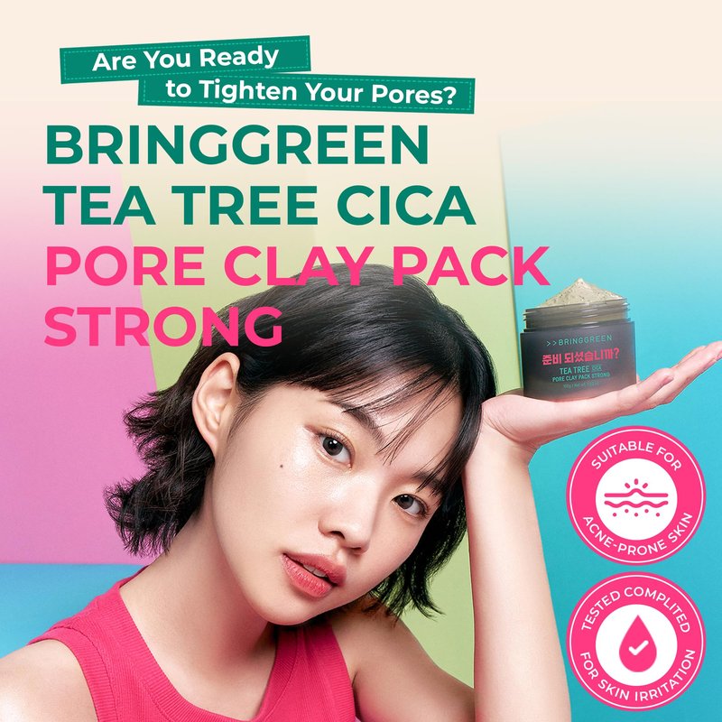 BRING GREEN Tea Tree Cica Pore Clay Mask 100g, Deep Cleansing Wash Off Pack for Blackheads & Excess Sebum