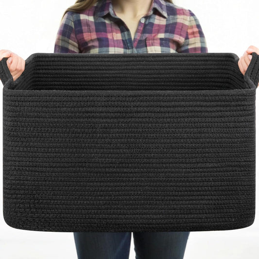 OIASKET Large Blanket Basket - Stylish Black Woven Storage for Toys, Towels & Laundry (Rectangle)