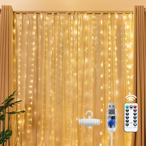 Brightown 300 LED Fairy Curtain Lights - 9.8ft Warm White String Lights with Remote | 8 Lighting Modes for Indoor Decor