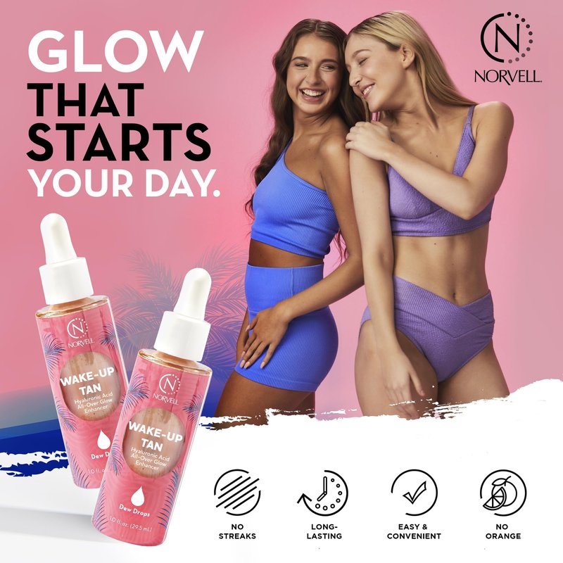 Norvell Wake-Up Tan Dew Drops, 1 oz Luminizing Glow Drops for Face & Body, Mix with Makeup or Moisturizer, Fragrance-Free Cosmetic Illuminator