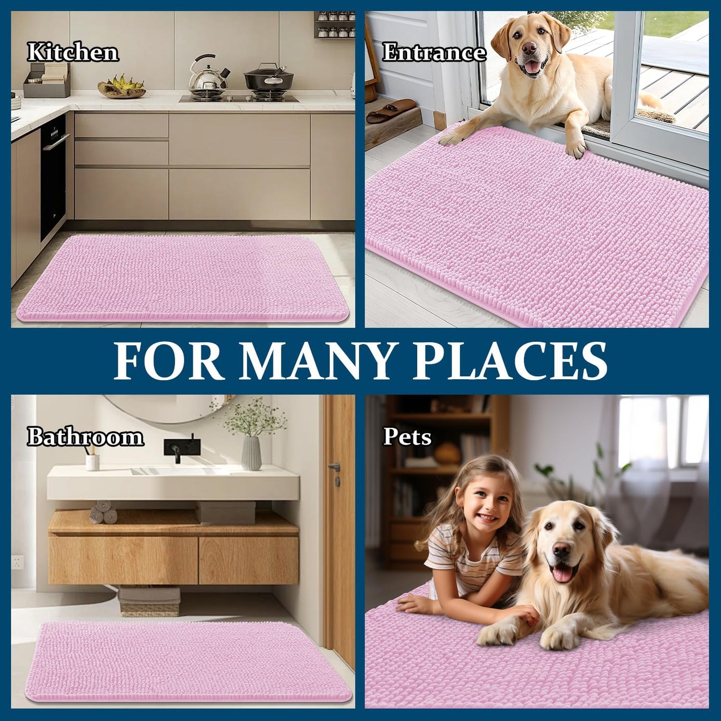 OLANLY Dog Door Mat - Absorbent Non-Slip Mud Mat for Dogs | Quick Dry Chenille, 70x24, Pink