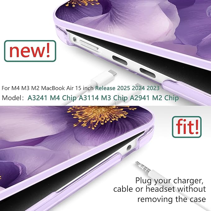 TWOLSKOO for MacBook Air 15 inch Case 2026 2025 2024 2023 Release M5 A3448 M4 A3241 M3 A3114 M2 A2941, Plastic Hard Shell & Screen Protector & Keyboard Cover & Type C Adapter, Purple Flowers