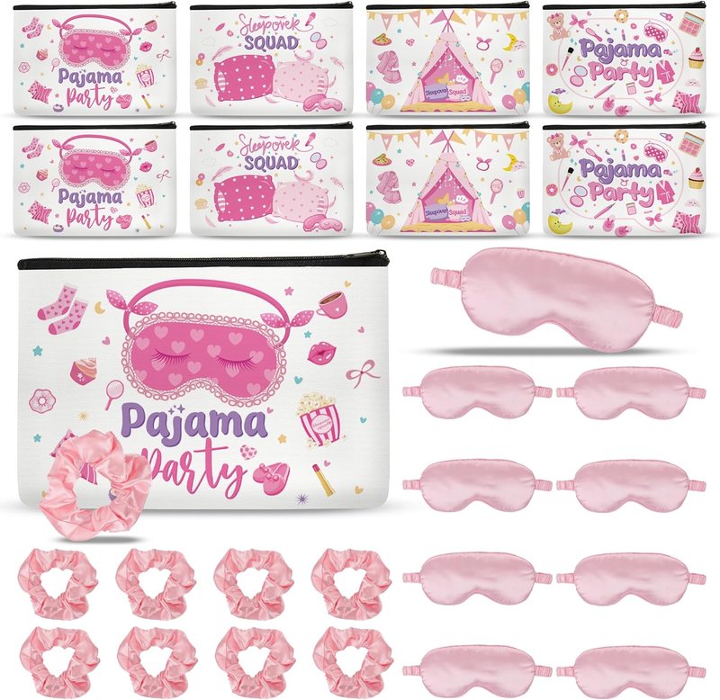 Sleepover Party Supplies - 24 Pcs Spa Party Kit for Girls | Makeup Bags, Satin Eye Masks & Scrunchies