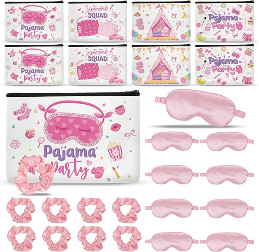 Sleepover Party Supplies - 24 Pcs Spa Party Kit for Girls | Makeup Bags, Satin Eye Masks & Scrunchies