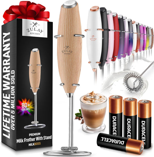 Zulay Kitchen Milk Frother Wand - Ultra-Fast Handheld Mixer for Coffee, Lattes & More - Maple Finish
