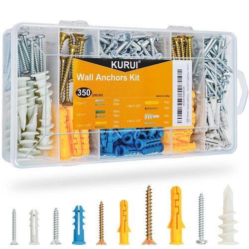 KURUI Drywall Anchors Kit - 350 Pcs Assortment for Sheetrock & Concrete | 5 Sizes for Picture Hanging