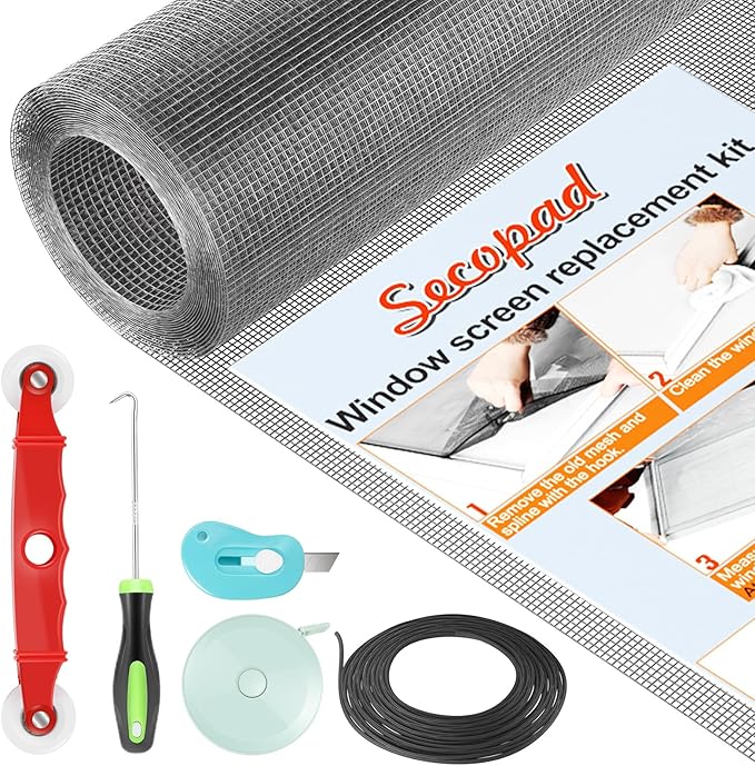 Secopad Window Screens Replacement Repair Kit, Grey Screen Door Mesh Replacement Kit, Durable Fiberglass Mesh Roll with Tools for Windows Doors Patio and Porch, 48in x 118in