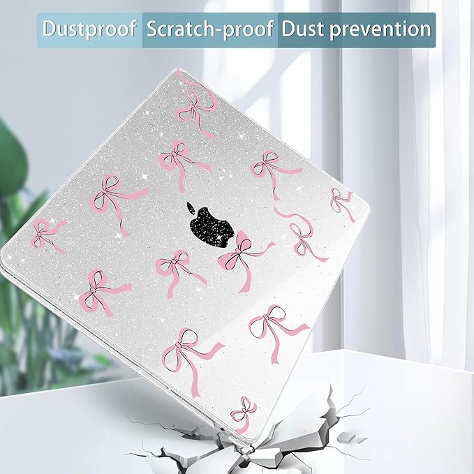 May Chen Case for MacBook Air 13/13.6 inch M5 A3449 M4 A3240 M3 A3113 M2 A2681, 2026 2025 2024-2022, Plastic Hard Shell with Keyboard Cover & Screec Protector, Clear Glitter Bow