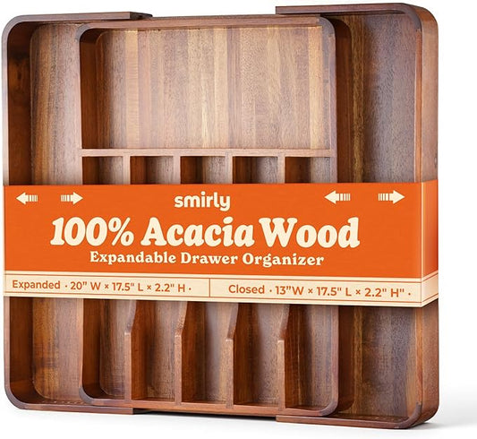 SMIRLY Silverware Drawer Organizer – Acacia Kitchen Drawer Organizer, Adjustable Utensil Holder and Cutlery Tray, Drawer Dividers for Flatware and Kitchen Utensils
