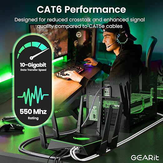 GEARit Cat 6 Patch Cables 1 ft Gray (5 Pack) Cat6 Patch Cables 1ft Gray/Ethernet Patch Cable, 10Gbps 550MHz 24AWG Pure Copper, Snagless, Gold Plated RJ45 for Router, Server, Router, PC