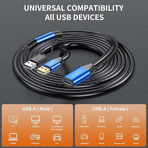 GGMTY USB 2.0 Type A Male to A Female Active Repeater Extension Cable 75ft, High Speed 480 Mbps