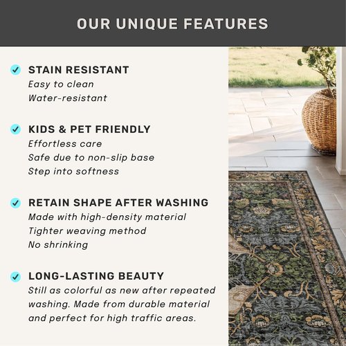 Hazo Haus Dark Living Room Rug 8x10 - Large Washable Floral Area Rugs for Dining Room Under Table, Bedroom, Office, Birds and Leaves Nature Design, Non-Slip Low Pile (Dark Green/Brown)