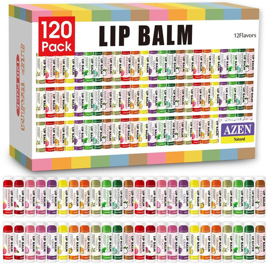 Azen Lip Balm Bulk - 120 Pack Moisturizing Lip Balms for Dry Cracked Lips | 12 Delicious Flavors