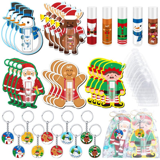 Henoyso 150 Pcs Christmas Lip Balm Bulk Gifts Moisturizing Lip Balms Acrylic Keychains with Organza Bags for Xmas Holiday Treat Gifts Christmas Stocking Stuffers Women Party Supplies