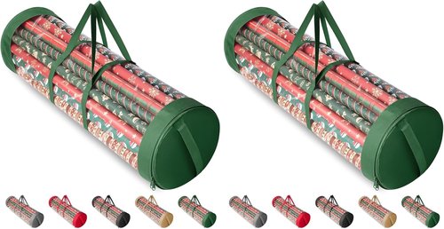BALEINE Gift Wrapping Paper Organizer - Durable 600D Oxford Fabric Storage for 18-25 Rolls, Green (Pack of 2)