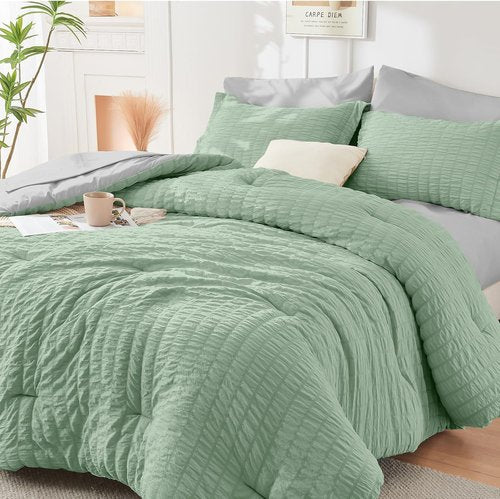 HYMOKEGE Full Size Comforter Set - Luxury 7-Piece Bedding Set in Sage Green & Light Grey for All Seasons