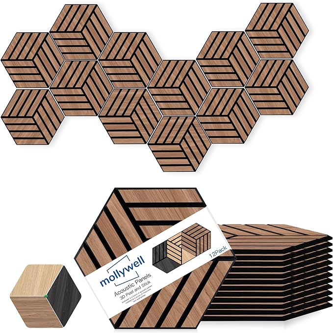 Mollywell Acoustic Panels, PVC Wood-Grain, 14x12 Inch Hexagon Carved Sound Proof Wall Tiles, Self-Adhesive High Density Felt for Home Theater/Studio/Office Echo Reduction, 12 Pack Walnut, TH4