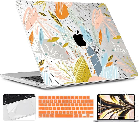TWOLSKOO for M2 MacBook Air 13.6 Inch Case 2022 A2681 with Touch ID, Plastic Hard Shell Cover Screen Protector & Keyboard Trackpad Film 13 2022, Doodle Floral, (A2681 M2)