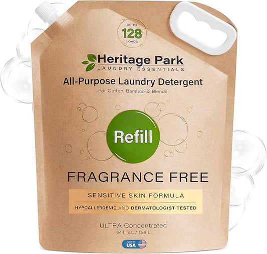 Heritage Park All-Purpose Fragrance Free, Hypoallergenic, pH-Neutral Laundry Detergent - Dermatologist-tested, Sensitive Skin-Friendly, Stain-Fighting Enzymes, 3x Concentrated (64 fl oz Refill Pouch)
