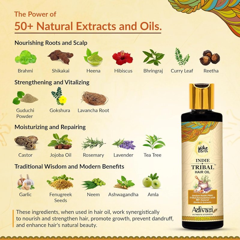 Indie Earth Tribal Adivasi Hair Oil - 50+ Natural Ingredients for Healthy Hair | Moringa, Bhringraj, Hibiscus & More