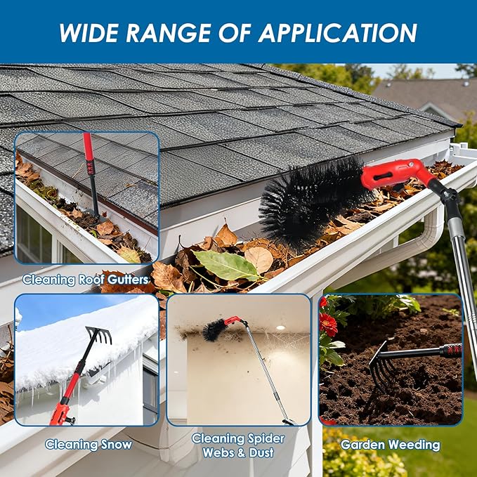 Gutter Cleaning Tools from The Ground, Adjustable Gutter Cleaning Pole with 180Â° Pivoting Head, Gutter Rake & 2 Gutter Brush, Gutter Cleaner Tool for Removing Leaves, Debris & Spider Webs (Black)
