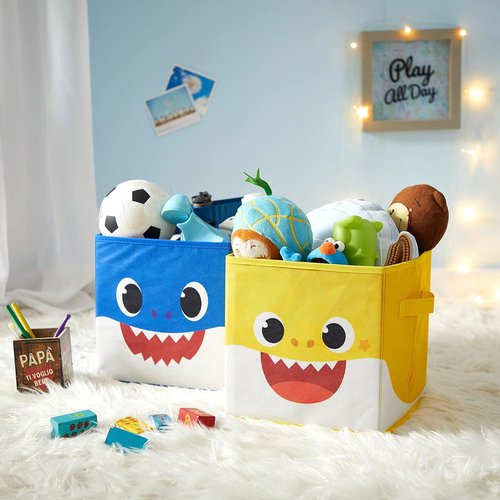 Idea Nuova Baby Shark Storage Cubes - Set of 2 Collapsible Organizers | 10"x10" Blue/Yellow