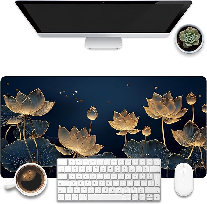 KOAIWPAE Desk Pad,Luxury Golden Lotus Line Arts Desk Mat,Dark Blue Background Large Gaming Mouse Pad for Desk,31.5"x15.7" Extended Big Computer Keyboard Mouse Pad with Non-Slip Base and Stitched Edge