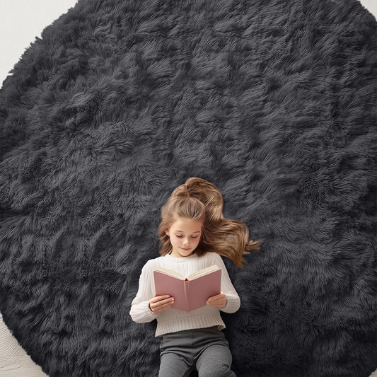 OLANLY Black Round Area Rug - Soft, Fluffy, Machine Washable 9 ft Circle Carpet for Bedroom & Living Room Decor