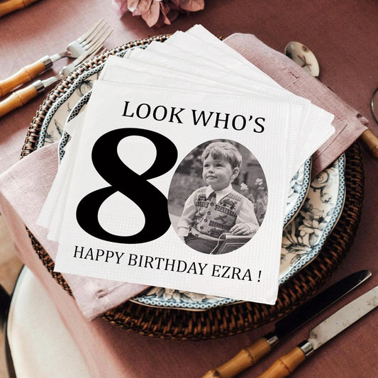 Regine Switzerland Custom 80th Birthday Napkins - Personalized Look Who's 80 Design | Cocktail Beverage Party Supplies