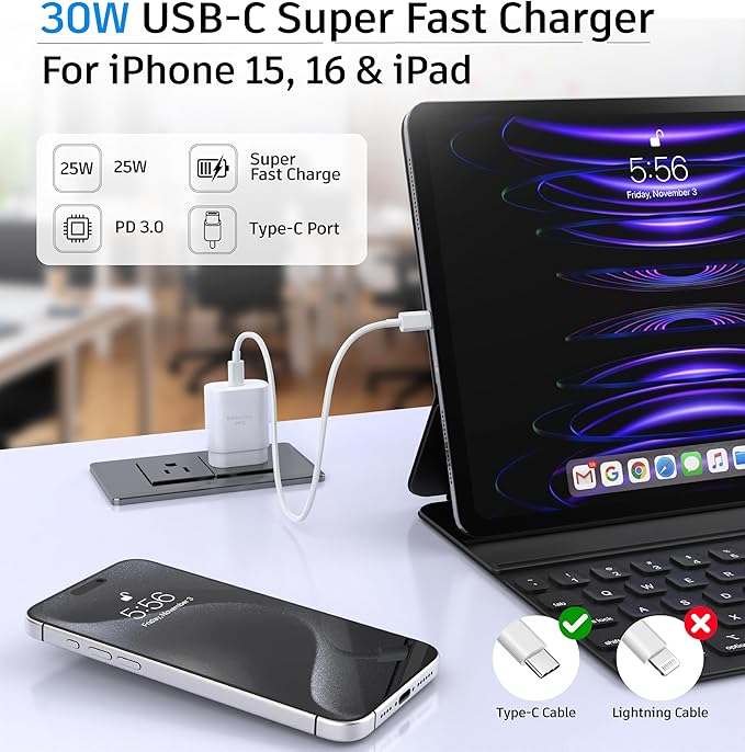 TT&C 30W USB C Fast Charger kit with 10FT & 6.6FT Cables, PD 3.0 Power Wall Block Compatible with iPhone 17, 17e, iPhone Air, 16, 15, Pro Max, & for Galaxy S26 S25 S24 Ultra & iPad Pro (White)