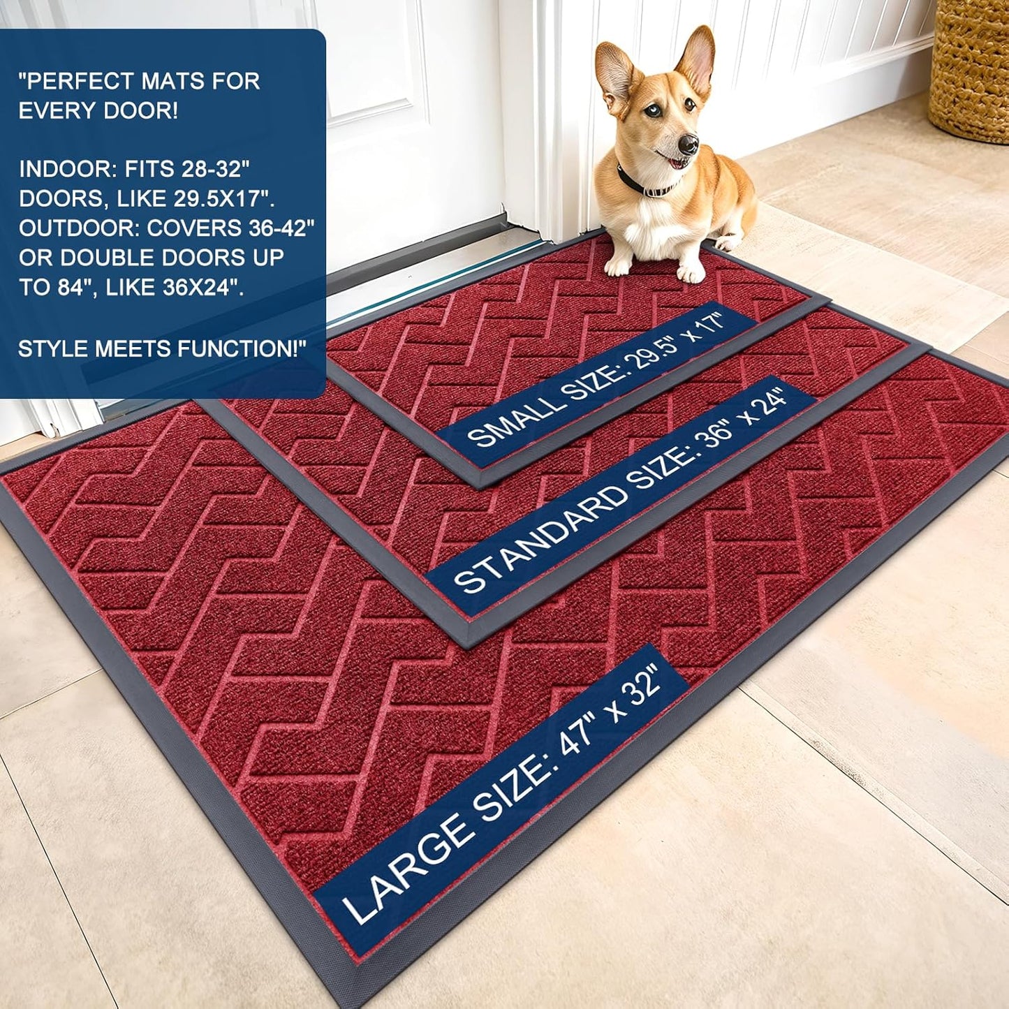 OLANLY Waterproof Front Door Mat - All-Season, Easy Clean Herringbone Design | Wine Red, 29.5x17 Inches