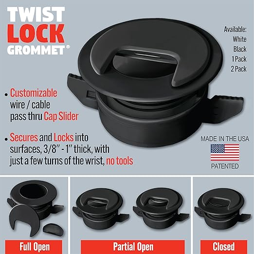 1PK Black Patented: Only Cable, Wire, Cord Management Tool-Free Self-Securing/Locking Grommet and with Cap Slider, for Walls, Ceilings, Desks - Used for All Surfaces 3/8" to 1" Thick. Made in USA