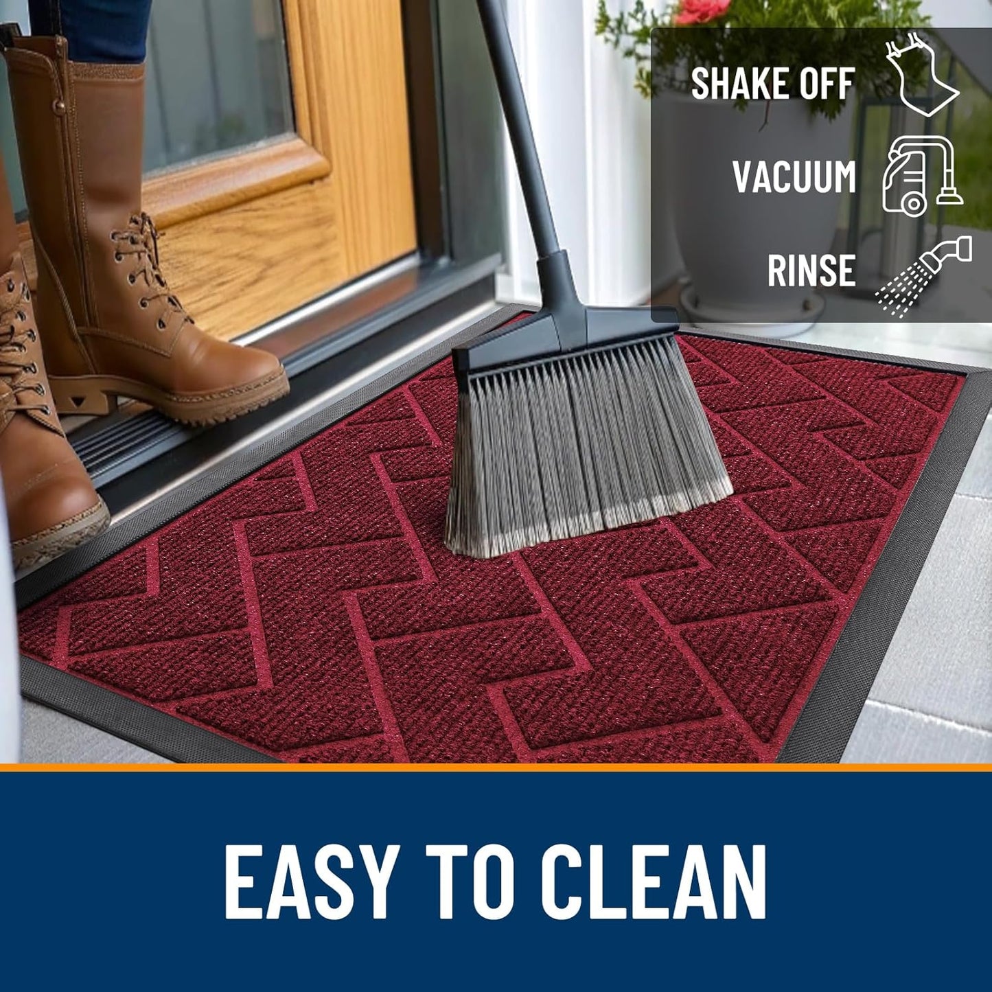 OLANLY Waterproof Front Door Mat - All-Season, Easy Clean Herringbone Design | Wine Red, 29.5x17 Inches