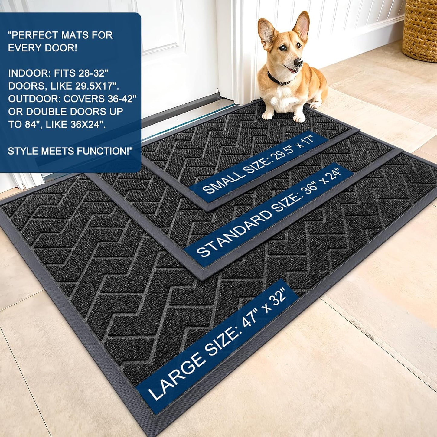 OLANLY Waterproof Front Door Mat - All-Weather Herringbone Design | Easy Clean, Low Profile (Black, 47x23)