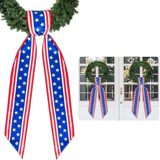 RunNico Patriotic Wreath Sash - 2 Pack Red, White & Blue Satin Decor for 4th of July | 53" L x 3.4" W