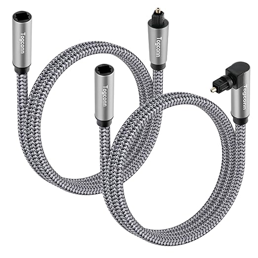 Optical Extension Fiber Digital Cable Adapter 2 Feet (2 Pack), 90 Degree Right Angle & Straight Male to Female Coupler, Toslink Audio Cable, Nylon Braided for Home Theater, Soundbar, TV and More